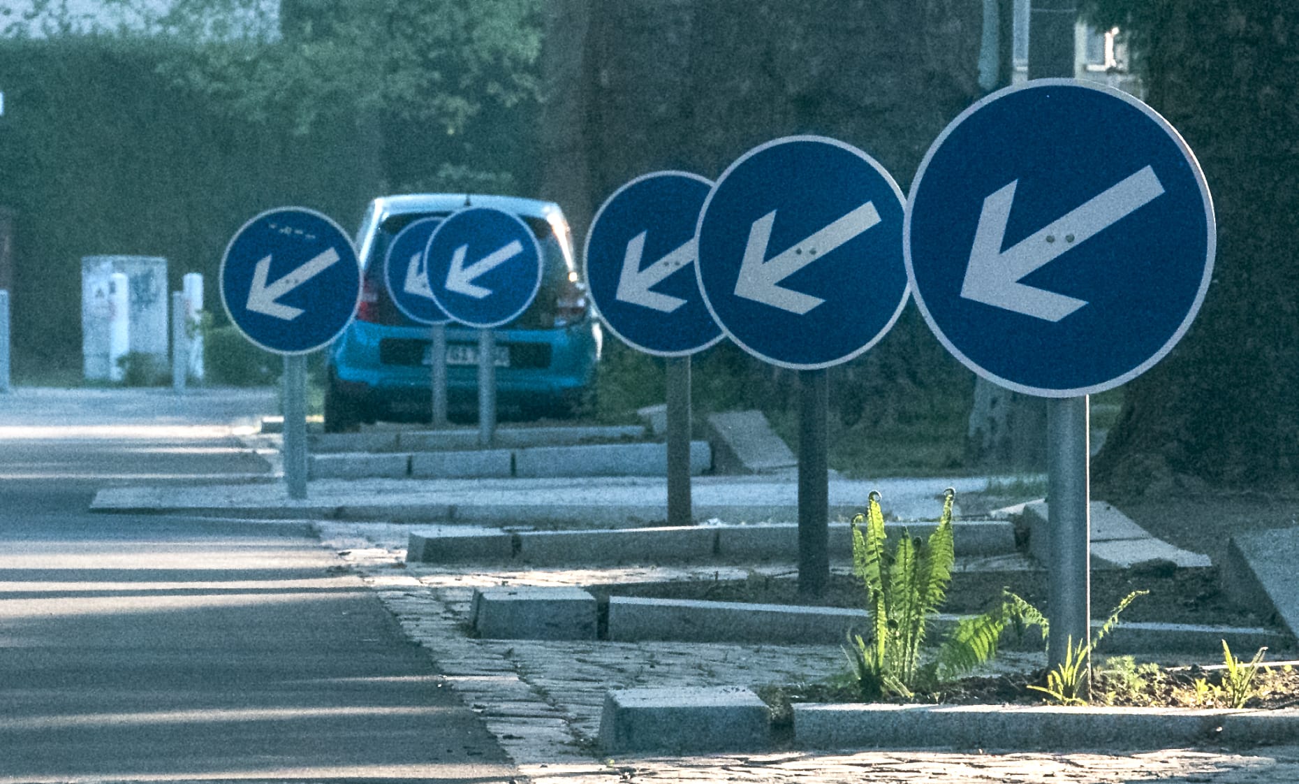 Doppelt hält besser, aber 44 mal ist des Guten zu viel. So viele Hinweissschilder stehen auf einem 600 Meter langen Teilstück der Berliner Platanenstraße. Das Schild "Vorgeschriebene Vorbeifahrt" soll Autofahrer daran hindern, die Blumen am Straßenrand plattzufahren. Kosten: über 130.000 Euro.