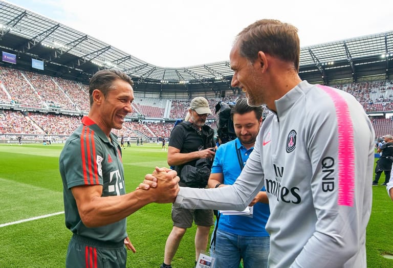 Herzliches Wiedersehen in Klagenfurt: Der neue Bayern-Trainer Niko Kovac und der neue Paris-Trainer Thomas Tuchel beim International Champions Cup. Bayern gewann 3:1.