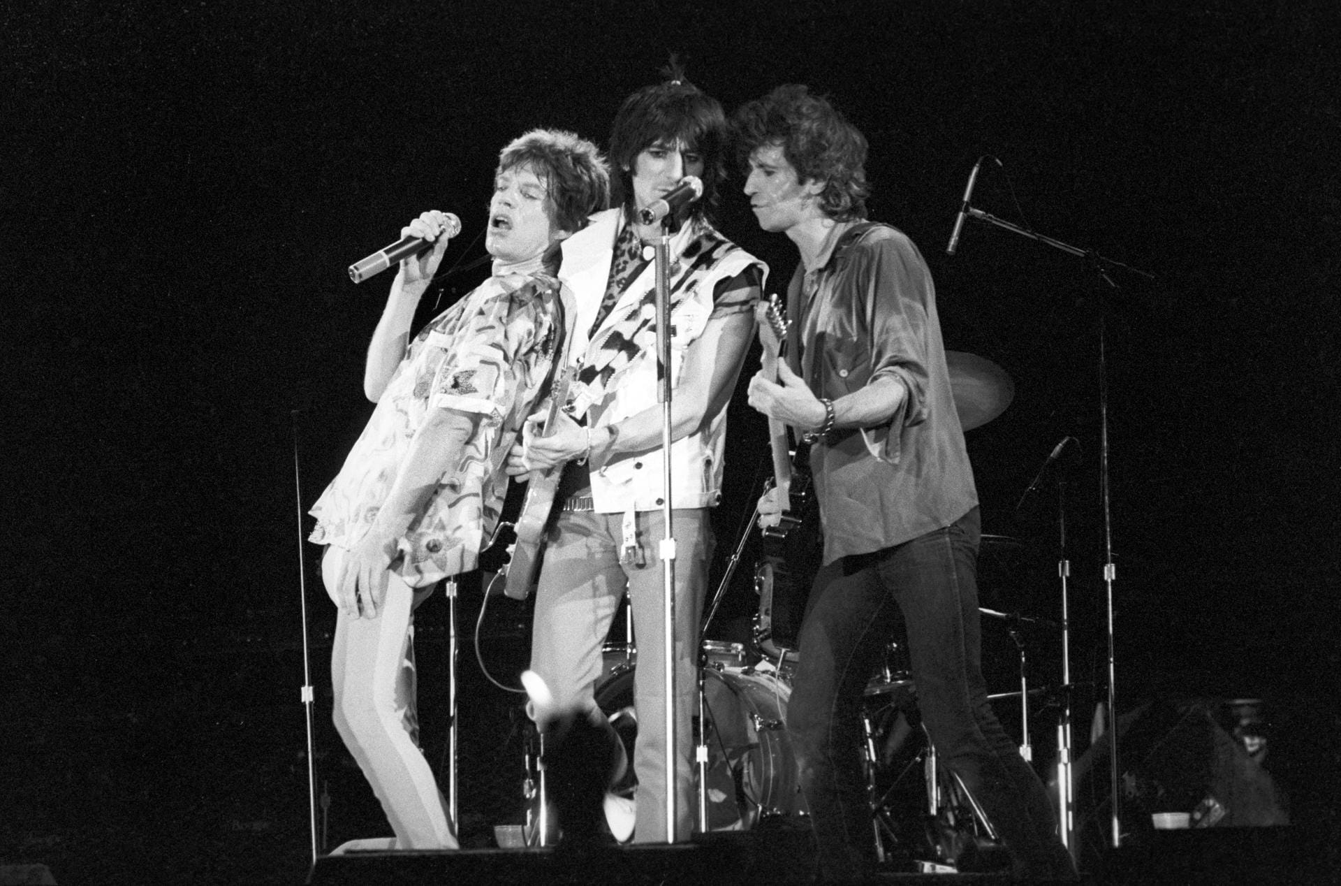 The Rolling Stones 1980 in Frankfurt: Mick Jagger (l.), Ron Wood und Keith Richards (r.).
