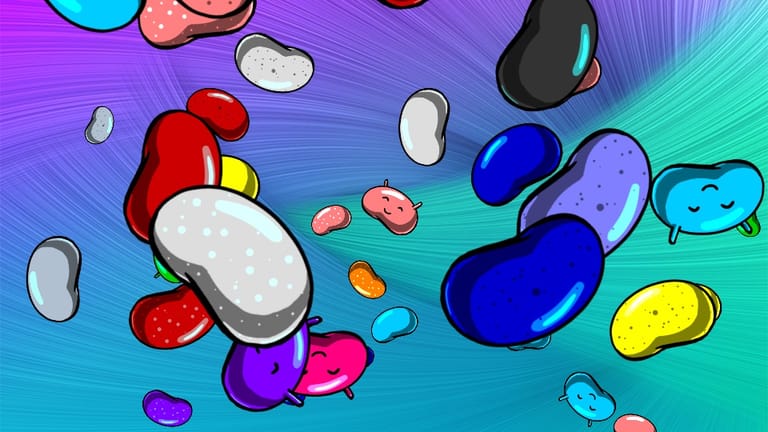In Android "Jelly Bean" dürfen Nutzer Bohnen wegschnippen. Das Easter Egg zeigt erst eine große Jelly Bean – eine Süßigkeit in Bohnenform aus den USA. Nach längerem Drücken platzt die Bohne in hunderte kleinere Ableger, die Sie mit dem Finger bewegen können.