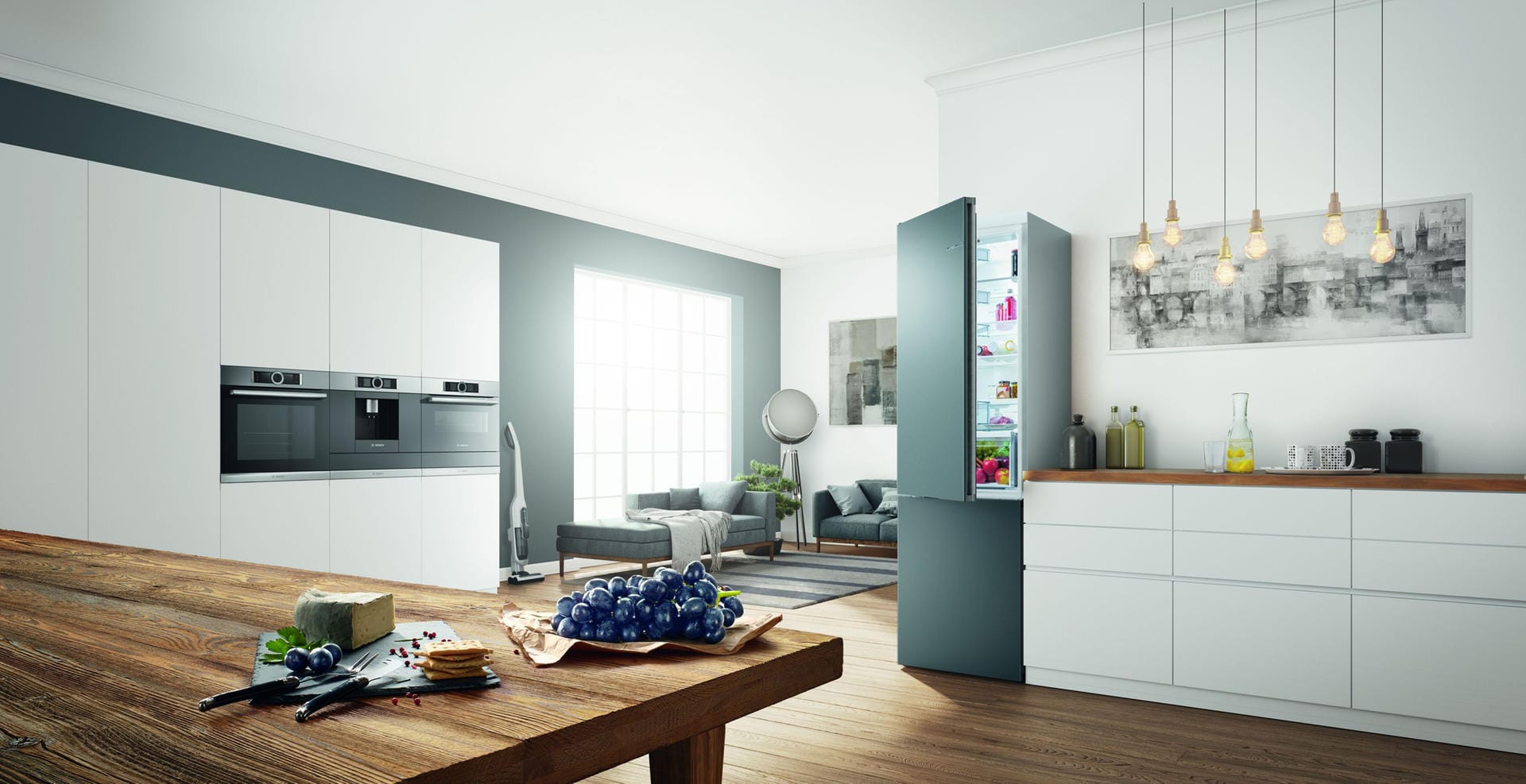 Der farbige Hingucker in der Küche: Bosch Hausgeräte erweitert die Farbpalette seiner Kühl-Gefrierkombination mit wechselbaren Fronten um fünf neue Töne – darunter ein auch ein grauer Ton. Der Hersteller folgt offenbar dem derzeitigen Trend.
