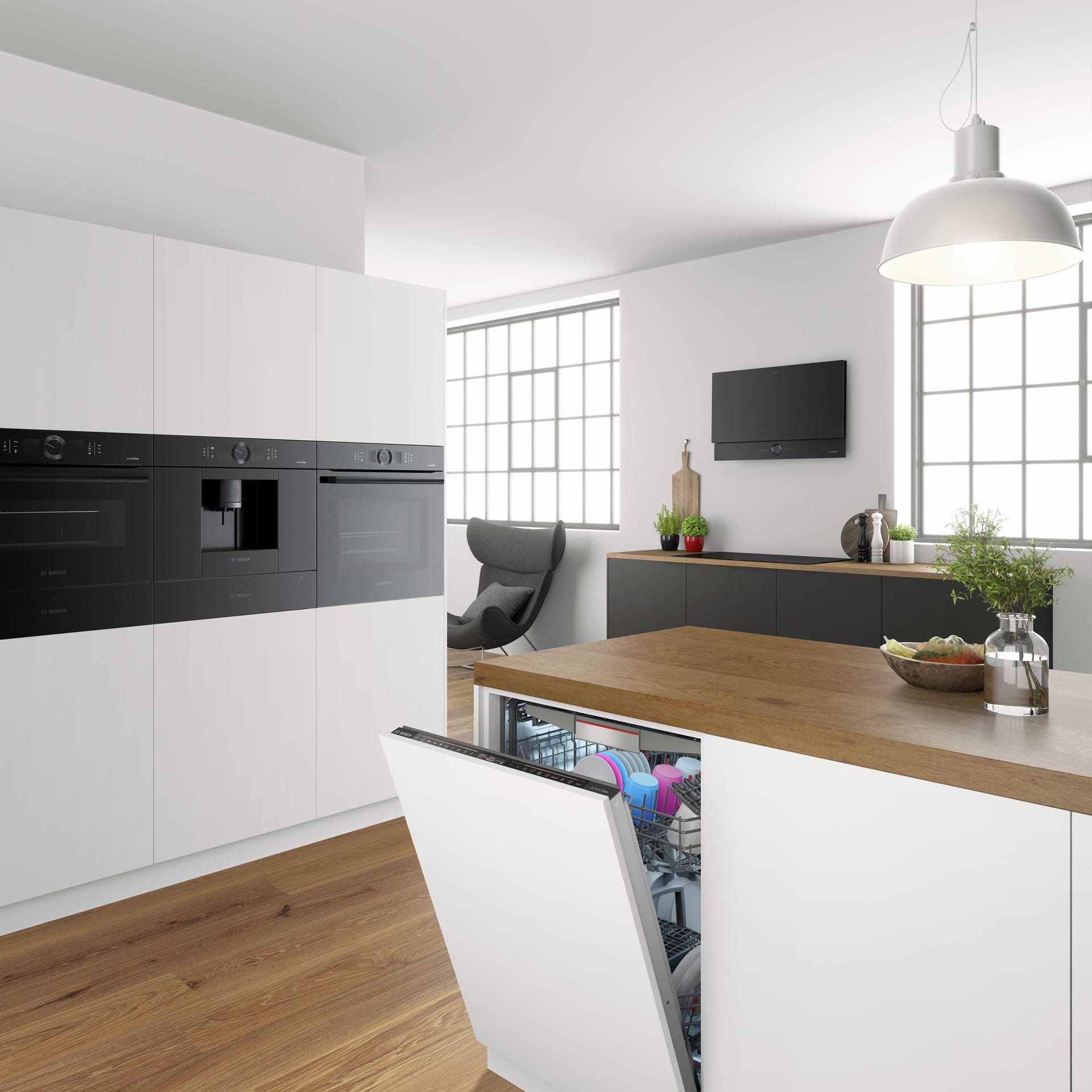 Bosch stellt auf der IFA eine neue Serie von komplett schwarzen Einbaugeräten vor: Laut der Arbeitsgemeinschaft Die Moderne Küche sind dunkle und matte Farben für Koch-Ess-Wohn-Landschaften derzeit beliebt.