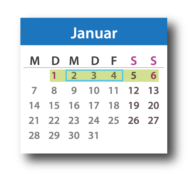 Brückentage Januar 2019: Die Feiertage sind lila markiert, die Urlaubstage blau umrandet und der Urlaubszeitraum grün unterlegt.