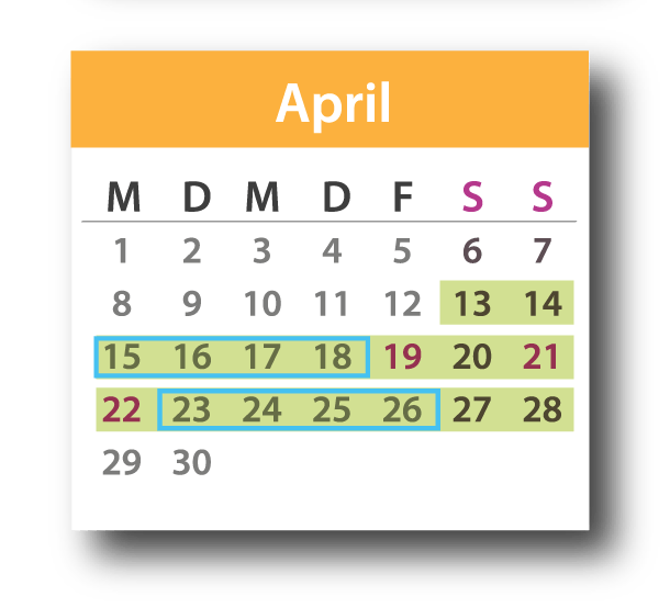 Brückentage April 2019: Die Feiertage sind lila markiert, die Urlaubstage blau umrandet und der Urlaubszeitraum grün unterlegt.