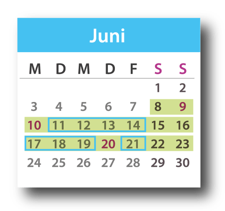 Brückentage Juni 2019: Die Feiertage sind lila markiert, die Urlaubstage blau umrandet und der Urlaubszeitraum grün unterlegt.