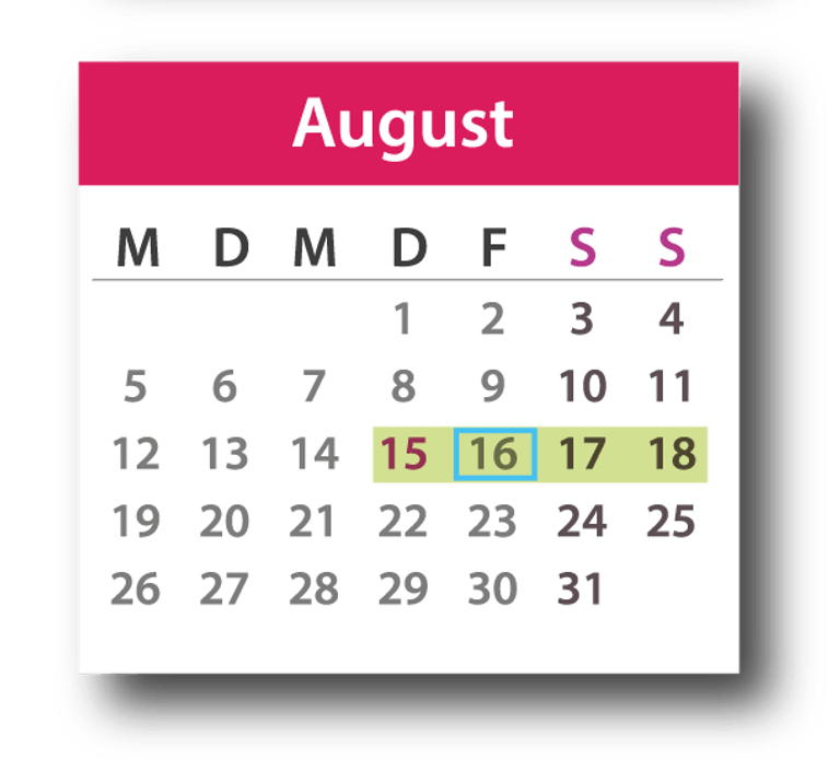 Brückentage August 2019: Die Feiertage sind lila markiert, die Urlaubstage blau umrandet und der Urlaubszeitraum grün unterlegt.