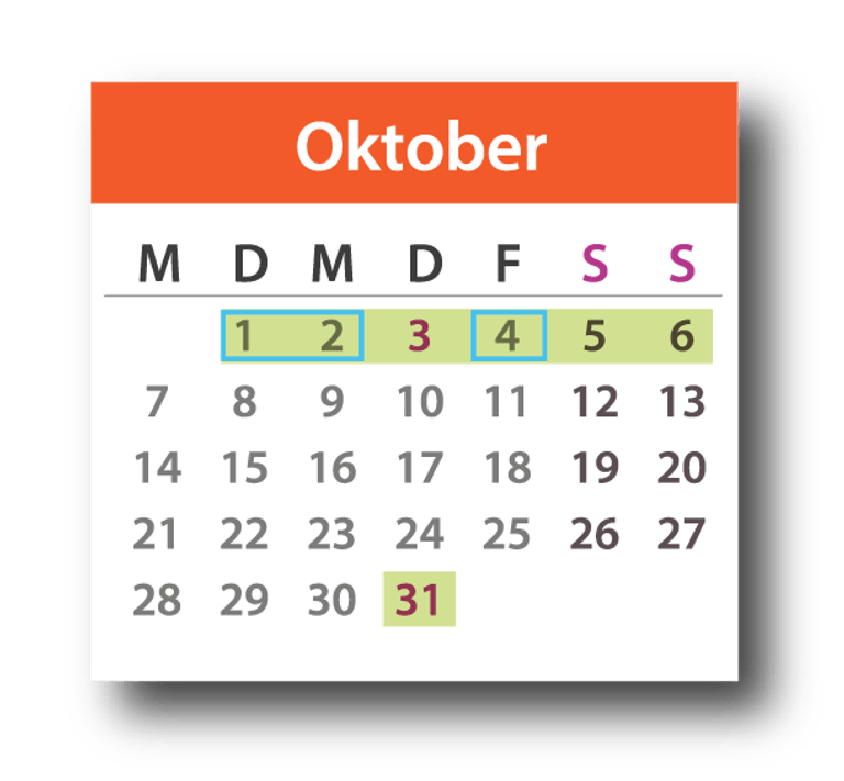 Brückentage Oktober 2019: Die Feiertage sind lila markiert, die Urlaubstage blau umrandet und der Urlaubszeitraum grün unterlegt.