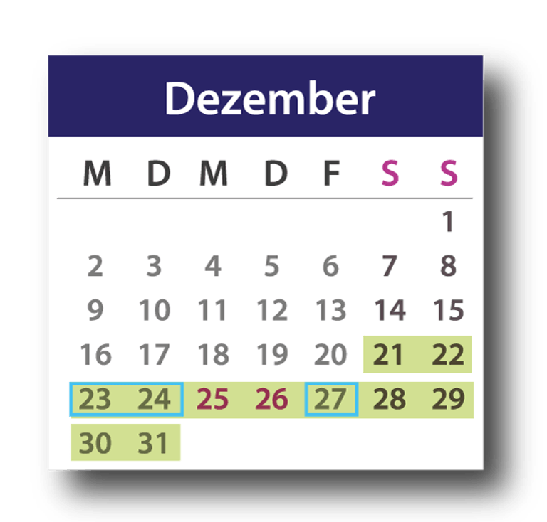 Brückentage Dezember 2019: Die Feiertage sind lila markiert, die Urlaubstage blau umrandet und der Urlaubszeitraum grün unterlegt.