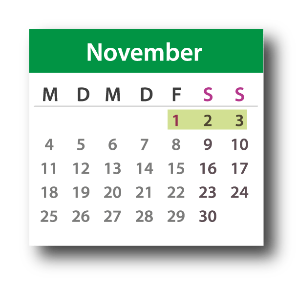 Brückentage November 2019: Die Feiertage sind lila markiert, die Urlaubstage blau umrandet und der Urlaubszeitraum grün unterlegt.