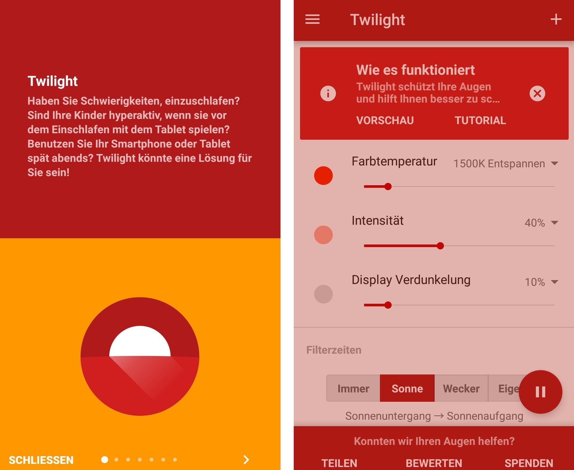 Die App "Twilight" ist im Google Play Store als "Empfehlung der Redaktion" gekennzeichnet. Das Programm erlaubt, verschiedene Farbtemperaturen, die Intensität sowie eine Display-Verdunkelung einzustellen. Die Filterzeiten passen sich an den Sonnenzyklus des Standortes an. Dazu braucht die App aber Standort-Berechtigung. Alternativ lassen sich eigene Zeiten festlegen. Wer die intelligente Glühbirne "Philipps HUE" besitzt, kann zudem mit der App die Farbintensität der Lampen steuern.