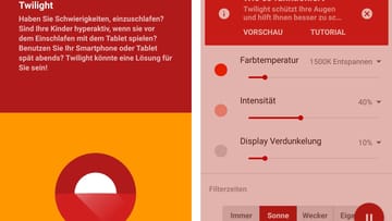 Die App "Twilight" ist im Google Play Store als "Empfehlung der Redaktion" gekennzeichnet. Das Programm erlaubt, verschiedene Farbtemperaturen, die Intensität sowie eine Display-Verdunkelung einzustellen. Die Filterzeiten passen sich an den Sonnenzyklus des Standortes an. Dazu braucht die App aber Standort-Berechtigung. Alternativ lassen sich eigene Zeiten festlegen. Wer die intelligente Glühbirne "Philipps HUE" besitzt, kann zudem mit der App die Farbintensität der Lampen steuern.