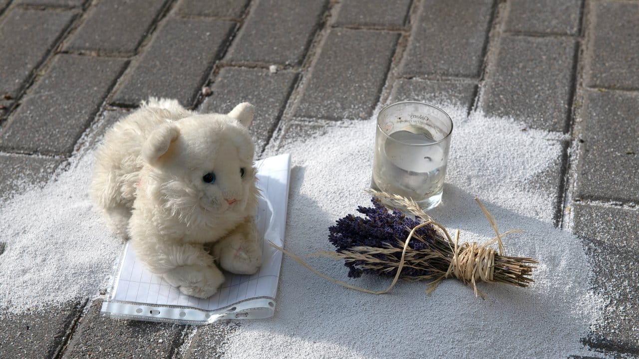 Ein Stofftier, Blumen und eine Kerze sind hinter dem Hochhaus in Berlin-Friedrichsfelde zu sehen.