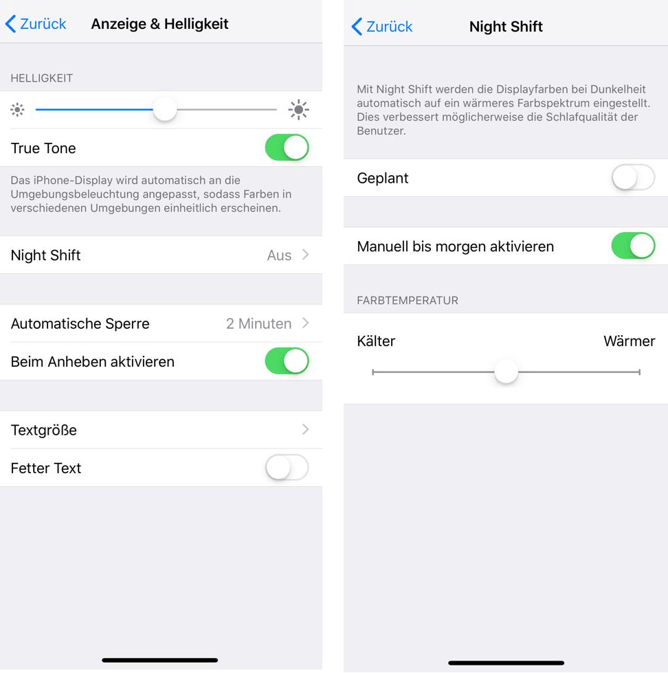 Seit Version 9.3 können iOS-Nutzer die Funktion "Night Shift" in ihren Geräten aktivieren. Dazu gehen Sie in die "Einstellungen" und wählen "Anzeige & Helligkeit". Hier schalten sie die Option "Night Shift" ein. Mit "Night Shift" lässt sich beispielsweise ein Zeitplan und die Farbtemperatur einstellen.