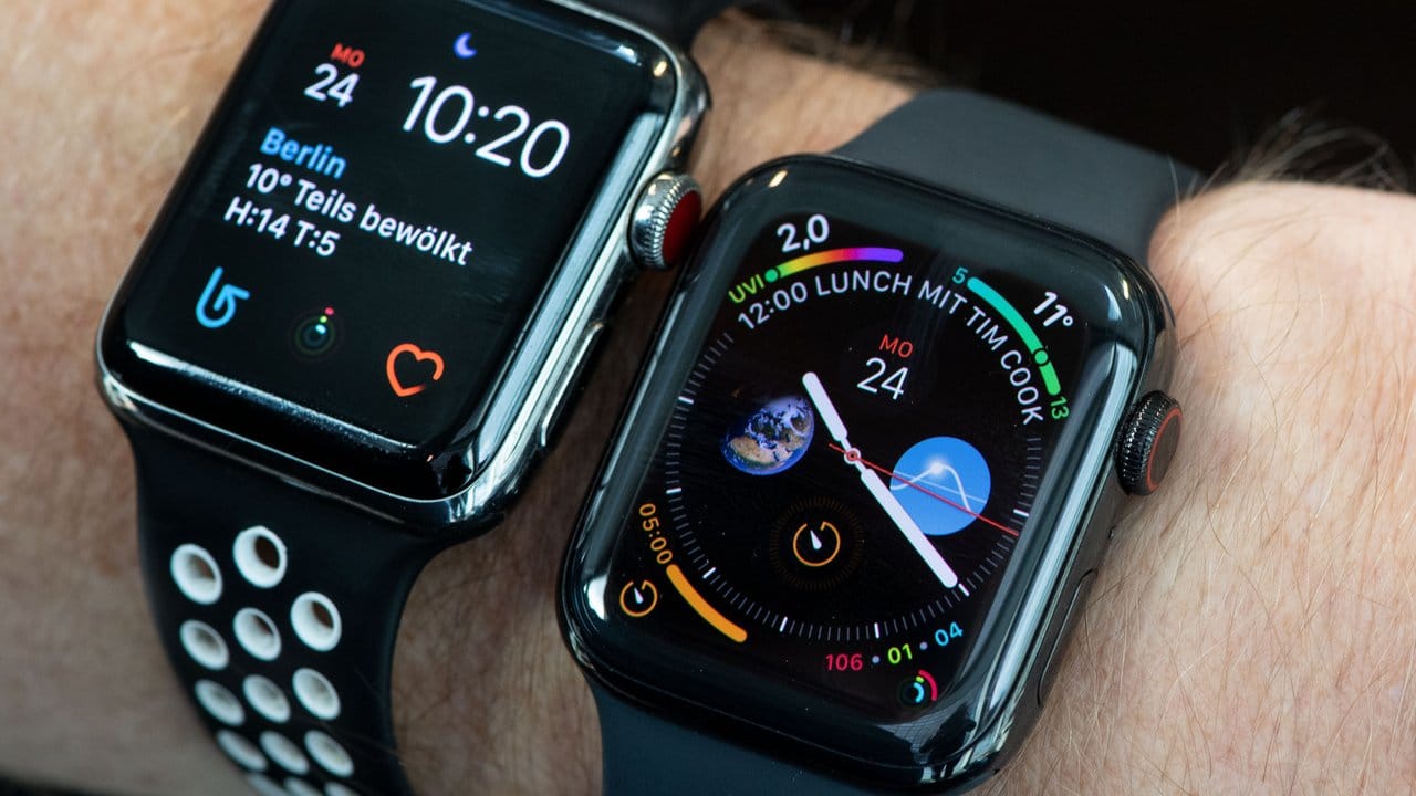 Alt versus neu: Bei der Apple Watch 4 (rechts) lassen sich dank des vergrößerten Displays deutlich mehr Informationen anzeigen als beim Vorgänger (links).