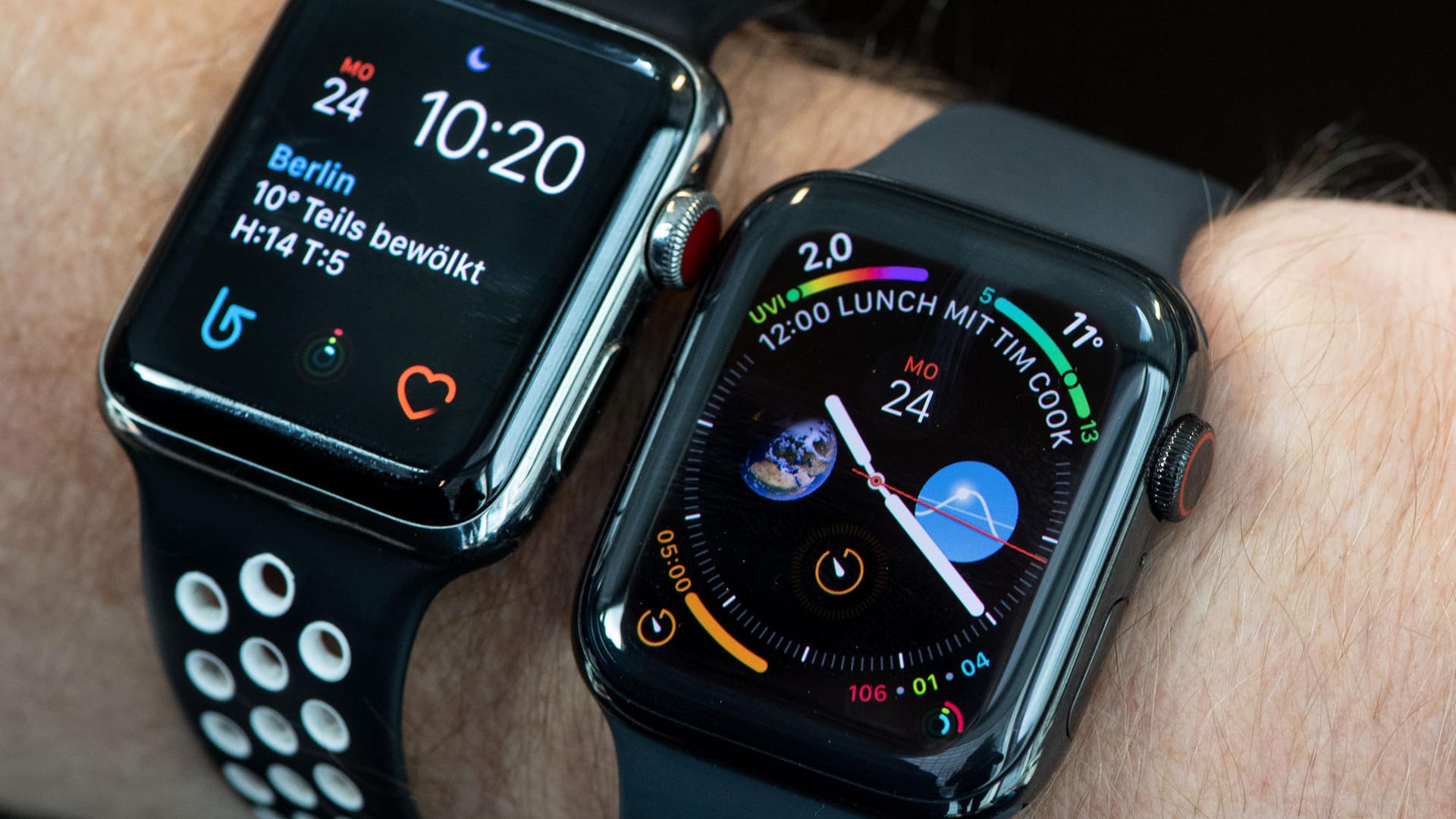 Alt versus neu: Bei der Apple Watch 4 (rechts) lassen sich dank des vergrößerten Displays deutlich mehr Informationen anzeigen als beim Vorgänger (links).