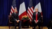Dicke Luft? Frankreichs Präsident Macron und Trump am Montag bei einem Vier-Augen-Gespräch im Vorfeld der Generaldebatte.