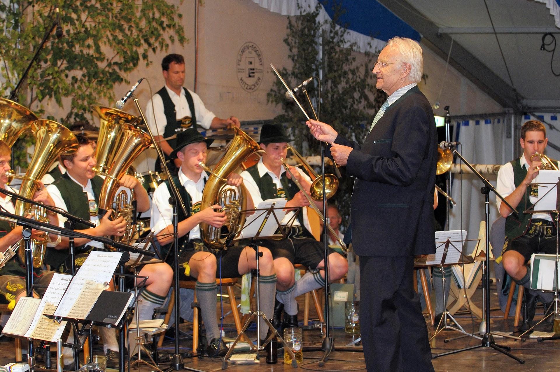 Dr. Edmund Stoiber conducting a brass band, beer tent, Grosshoehenrain, Upper Bavaria, Bavaria, Germany, Europe