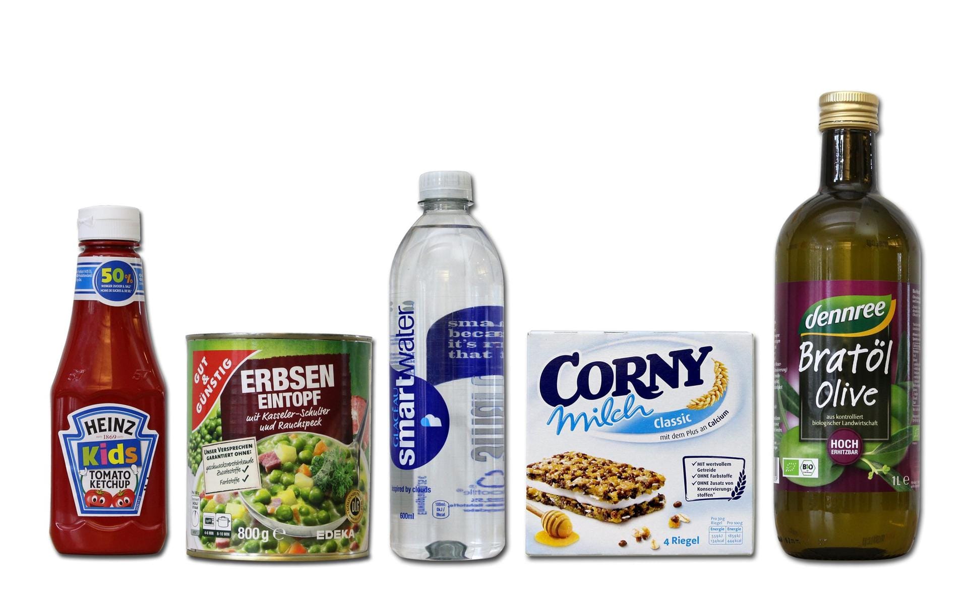 Foodwatch hat fünf Produkte nominiert: Den "Kids Tomato Ketchup" von Heinz, den "Erbseneintopf" von Edekas Eigenmarke "Gut und Günstig", das "Glacéau Smartwater" von Coca-Cola, den "Corny Milch"-Riegel von Hersteller Schwartau und das "Bratöl Olive" der Bio-Marke Dennree.