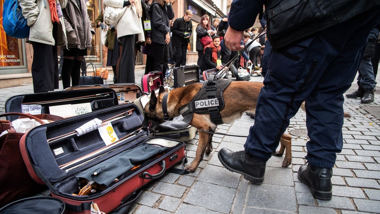 Ein Polizist kontrolliert mit seinem Hund vor dem Straßburger Konzert die Instrumente der Musiker.