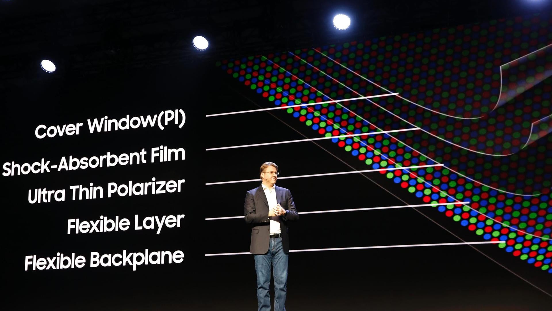 Justin Denison, Top-Manager bei Samsung, stellt die neue Bildschirmtechnologie "Infinity Flex" vor.