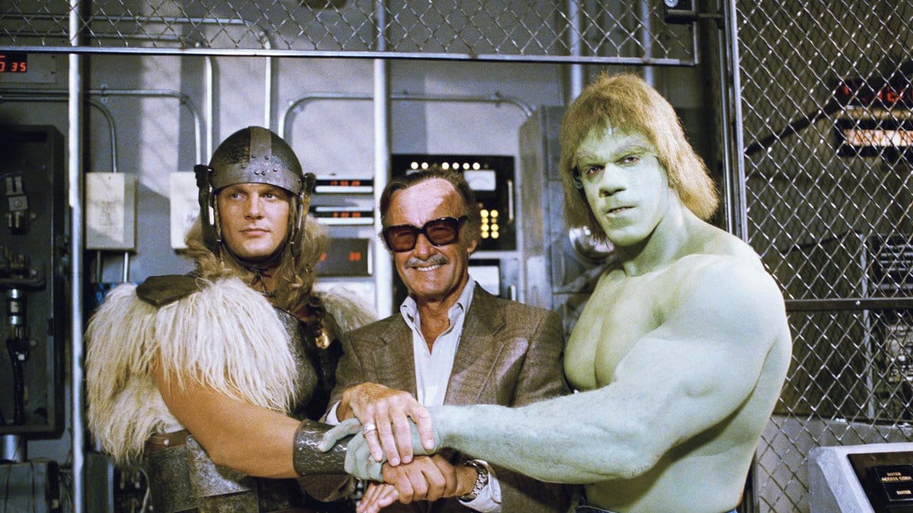 Stan Lee 1988 zwischen Hulk (Lou Ferrigno, r) und Thor (Eric Kramer).