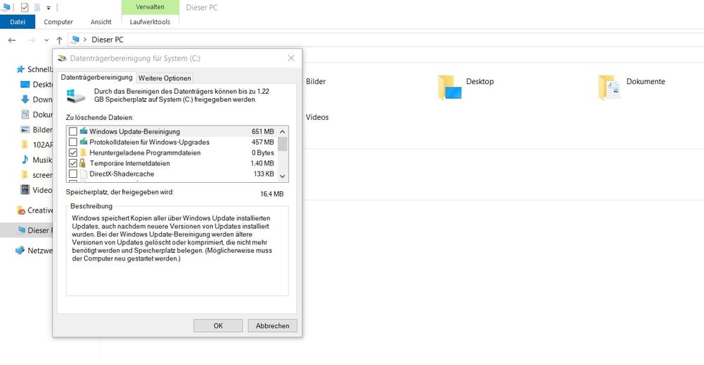 Wählen Sie die Dateien, die Sie löschen möchten. Windows bietet beispielsweise temporäre Dateien, aber auch "vorherige Windowsinstallationen".