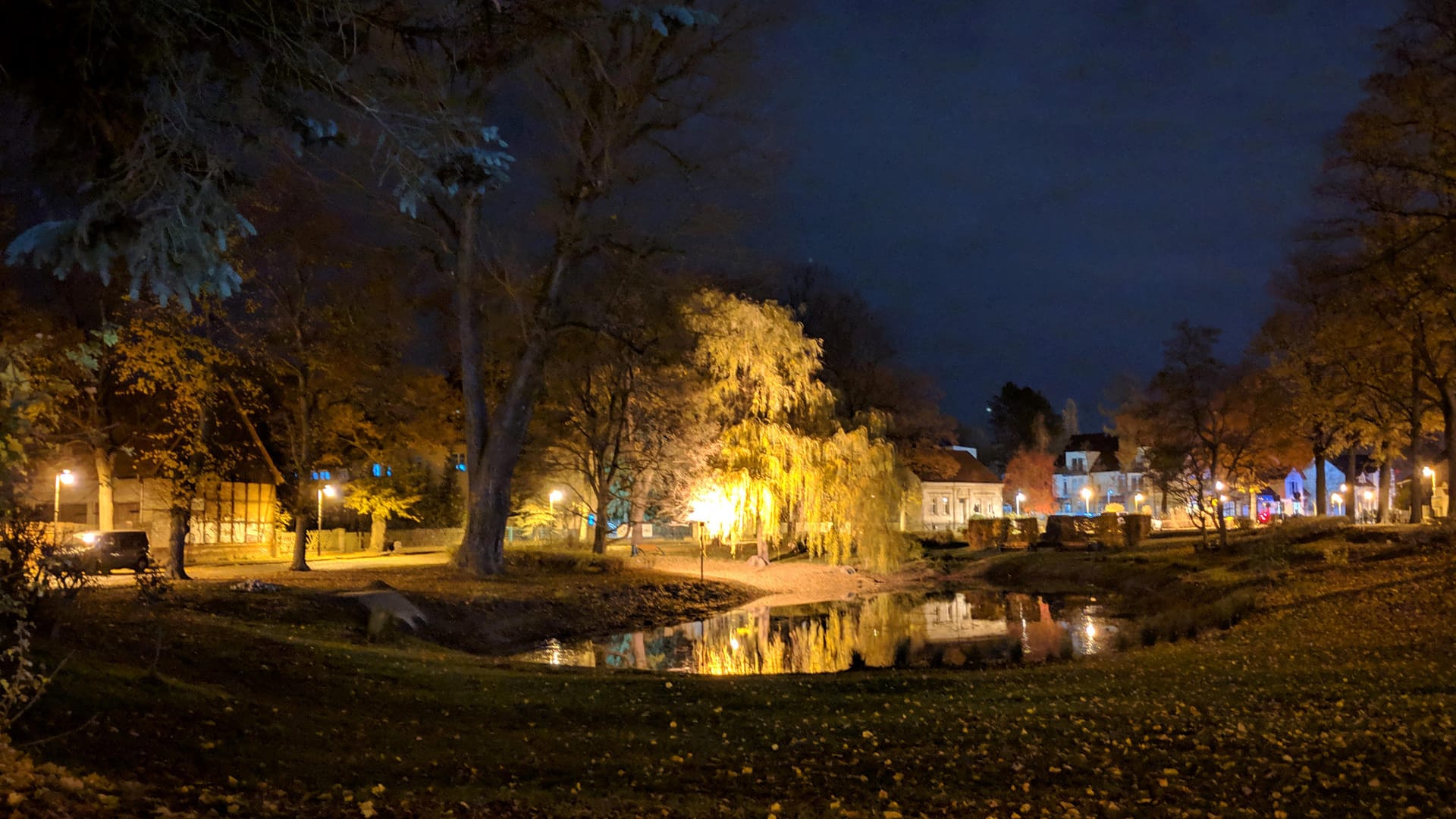 Weiher bei Nacht mit Nachtsichtmodus: Wo das Bild der Standardkamera komplett schwarz bleibt, liefert der Nachtmodus Objekte und Farben.