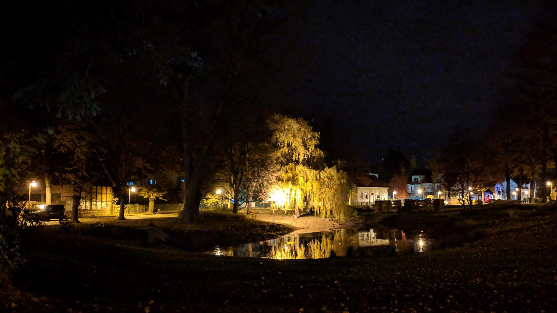 Weiher bei Nacht ohne Nachtsichtmodus: Das Bild wirkt ziemlich dunkel.