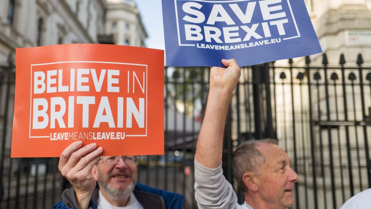 Brexit-Befürworter demonstrieren vor Downing Street 10, wo das britische Kabinett zum Brexit tagt.