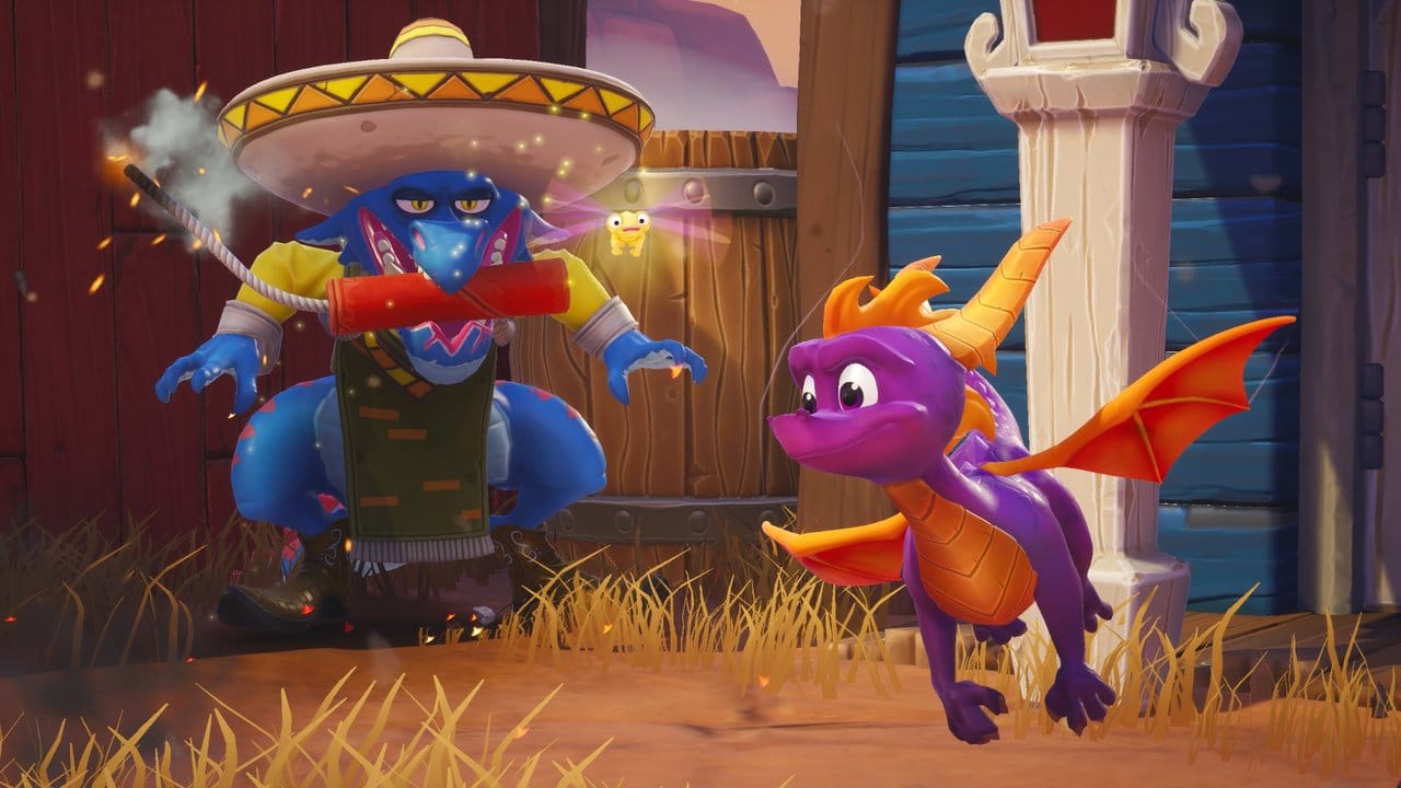 Mancher Gegner sieht schräg aus: Doch auch Echsen in Cowboy-Outfit mit brennender Dynamitstange im Maul können Drache Spyro nicht erschrecken.