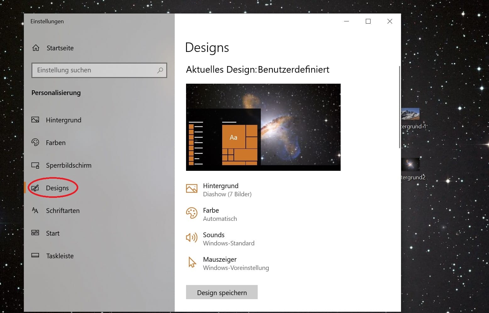 Um das Design zu wechseln, klicken Sie auf "Designs". Hier lassen sich auch weitere Designs aus dem Microsoft Store herunterladen.