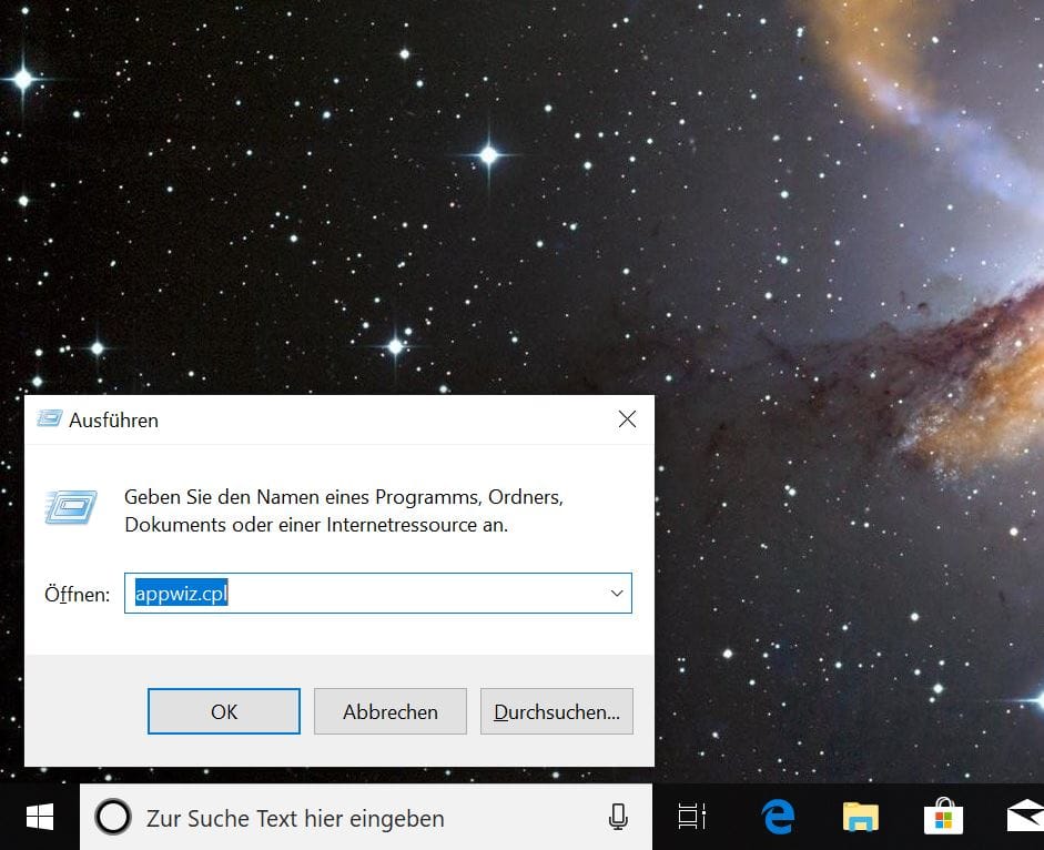 Um den Internet Explorer auf Windows 10 zu deaktivieren, drücken Sie als Erstes die Windows-Taste und R. Es erscheint das Fenster "Ausführen". Tippen Sie appwiz.cpl ein.