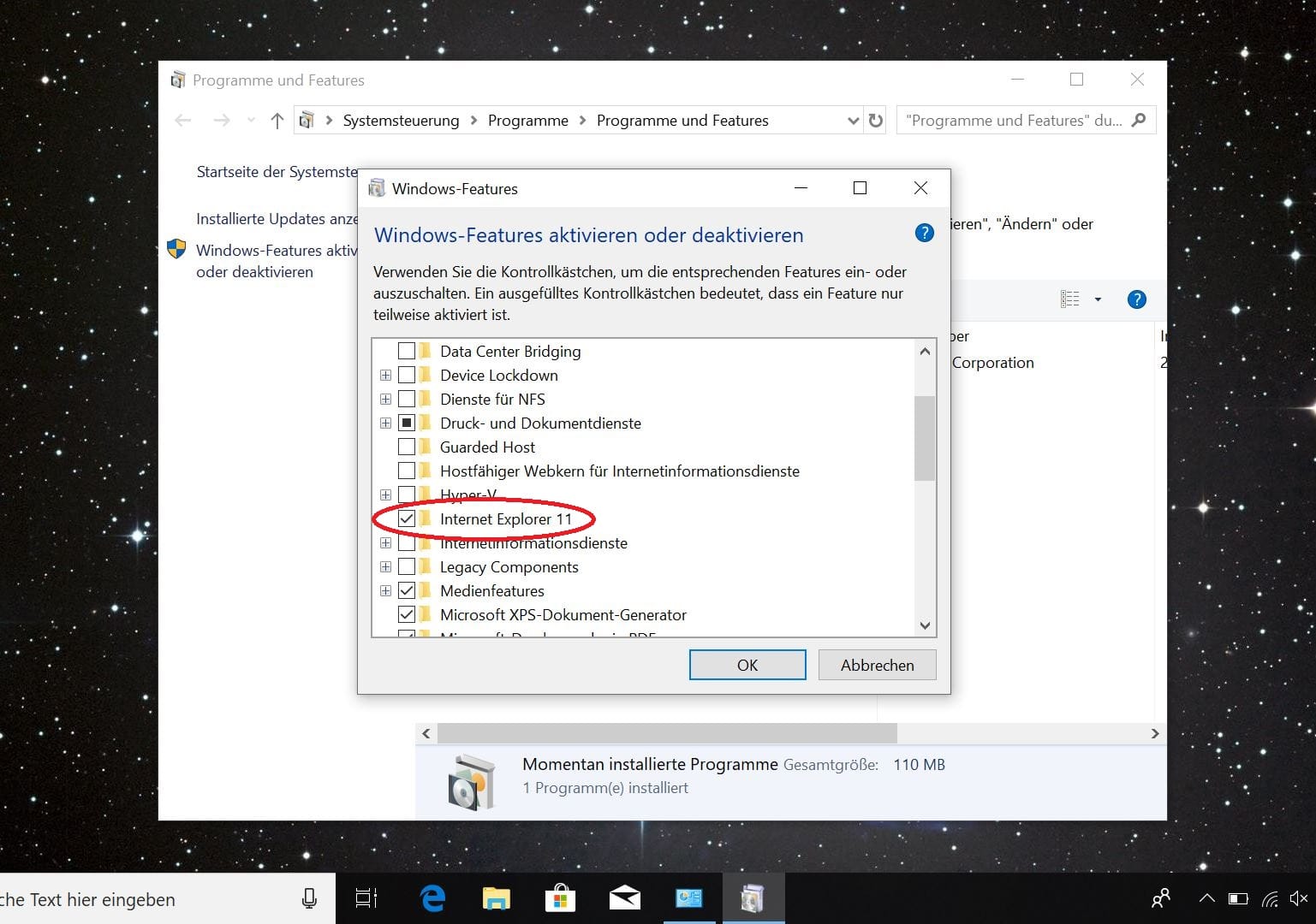 Suchen Sie im nächsten Fenster "Internet Explorer 11". Entfernen Sie das Häkchen beim Ordner und klicken Sie "Ok".