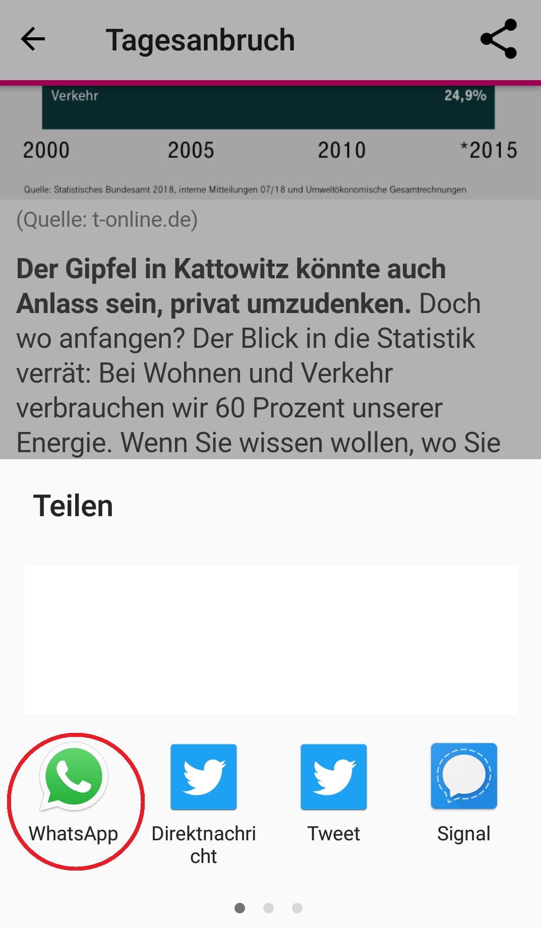 Es erscheint ein Menü. Hier wählen Sie eine App, in der Sie den markierten Inhalten teilen wollen. In diesem Fall WhatsApp.