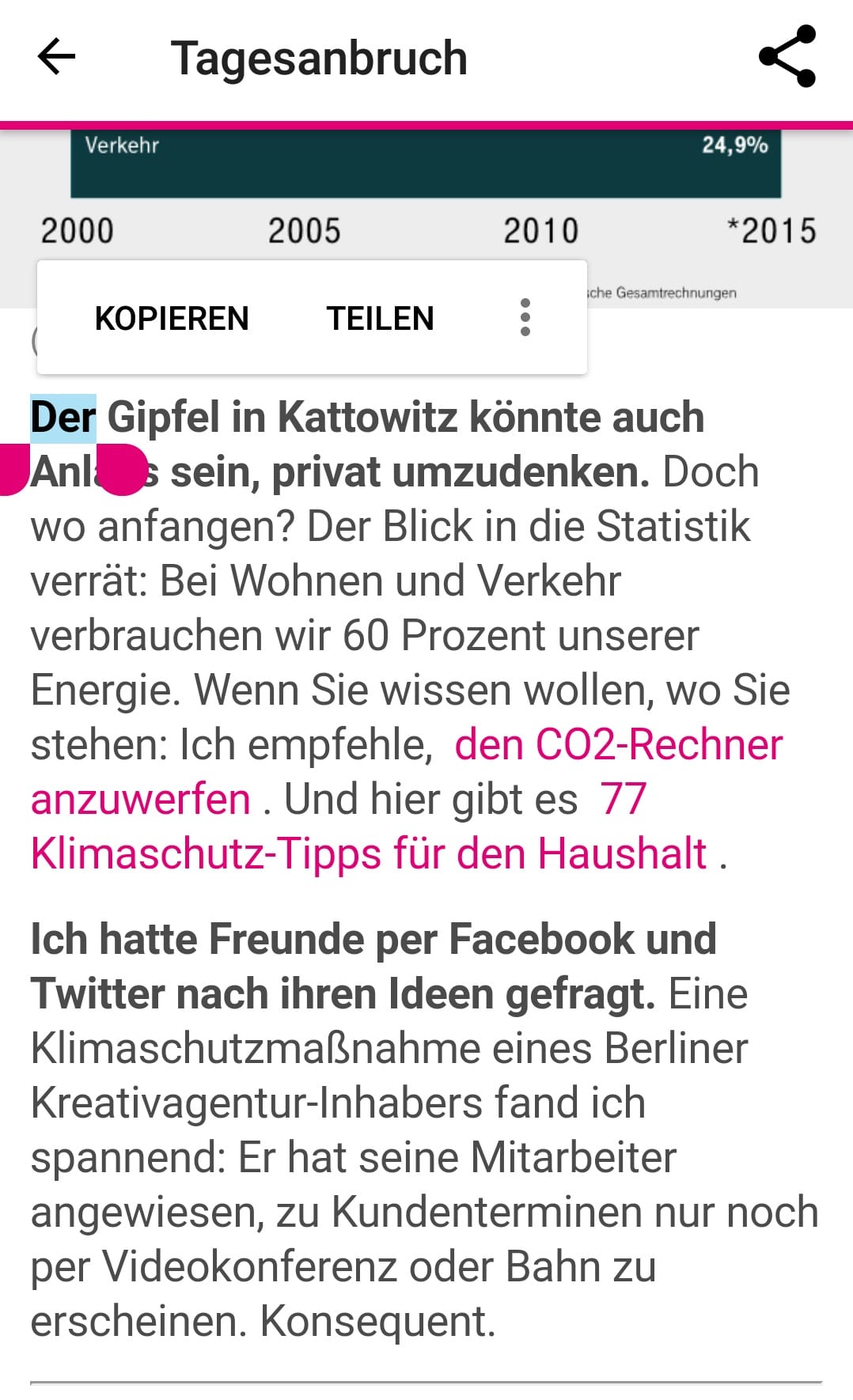 Inhalte wie Texte oder Medien können Sie mit Kontakten auf WhatsApp teilen. Um beispielsweise eine Textstelle zu teilen, halten Sie Ihren Finger auf den entsprechenden Abschnitt. Der sollte nun markiert werden.