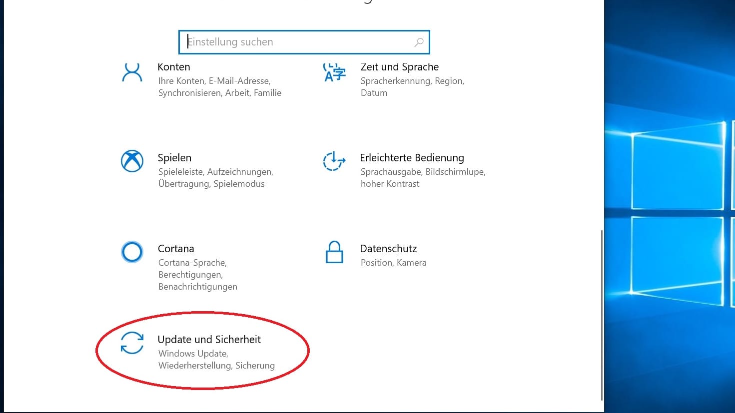 Wählen Sie "Update und Sicherheit".