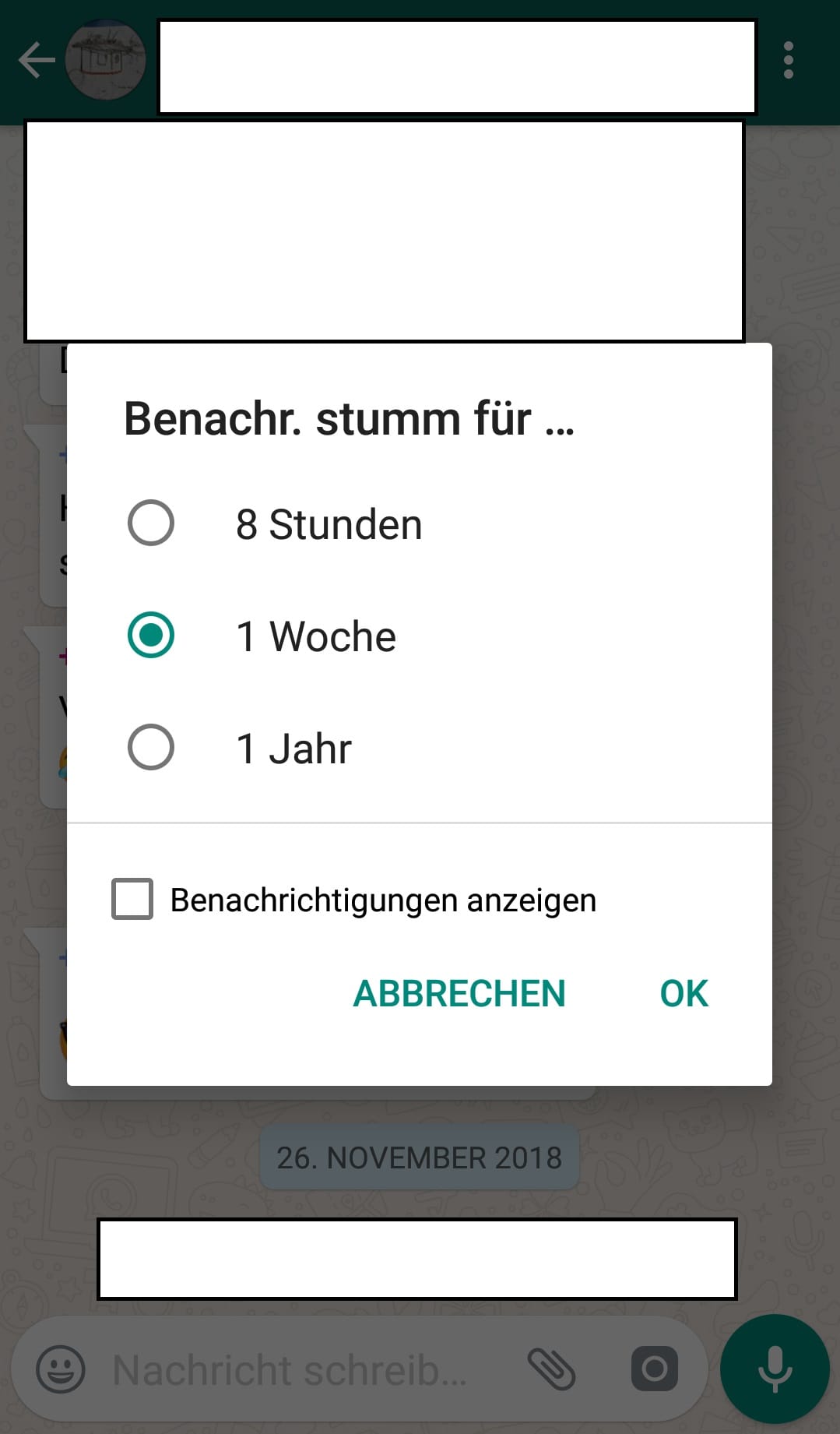 Jetzt können Sie einstellen, ob die Nachrichten für acht Stunden, eine Woche oder ein Jahr stumm bleiben sollen. Das Gleiche funktioniert auch in Chats mit einzelnen Kontakten.