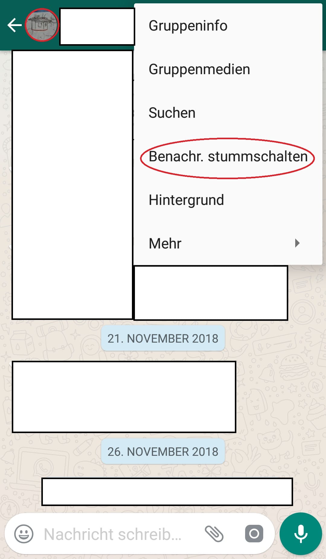 Tipp 8: Wen ständige Gruppenbenachrichtigungen nerven, kann entweder die Gruppe verlassen oder den Gruppenchat stummschalten. Klicken Sie dafür auf den Chat, den Sie stummschalten wollen. Als Nächstes wählen Sie die drei Punkte rechts oben und dann "Benachr. stummschalten."