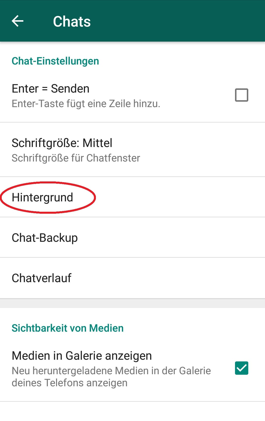 Hier findet sich die Option "Hintergründe". WhatsApp stellt verschiedene Quellen zur Auswahl, beispielsweise Ihre eigene Galerie.