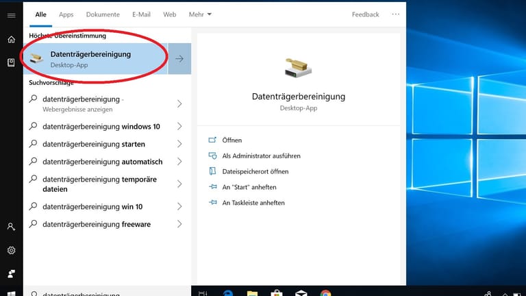 Tippen Sie in die Suche "Datenträgerbereinigung" ein und wählen Sie die Desktop-App, die Windows listet.
