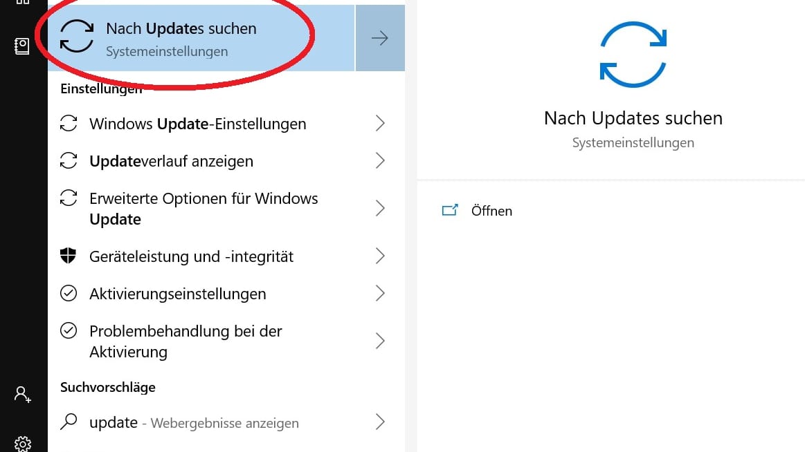 Wählen Sie nun die Option "Nach Updates Suchen".