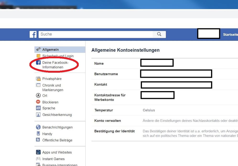 In den Einstellungen wählen Sie auf der linken Seite "Deine Facebook-Informationen".