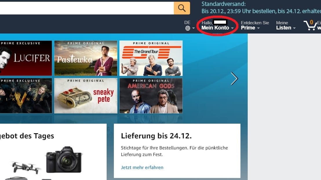 Loggen Sie sich mit in Ihren Amazon-Account und klicken Sie auf "Mein Konto". Es öffnet sich eine Dropdown-Liste.