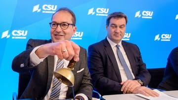 Alexander Dobrindt (l), CSU-Landesgruppenchef, läutet neben Markus Söder, Ministerpräsident von Bayern, ein Glöckchen zur Eröffnung der Winterklausur.