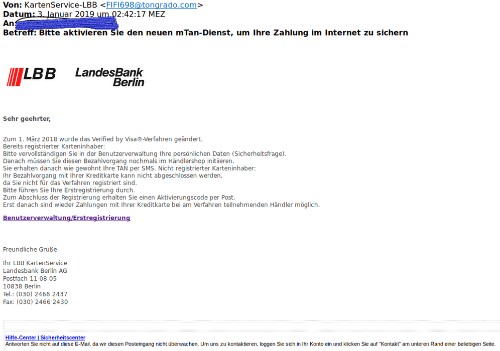 So sieht die falsche Mail im Namen der LBB aus. Beachten Sie beispielsweise den Absender. Hier lässt sich bereits feststellen, dass es sich um einen Betrug handelt.