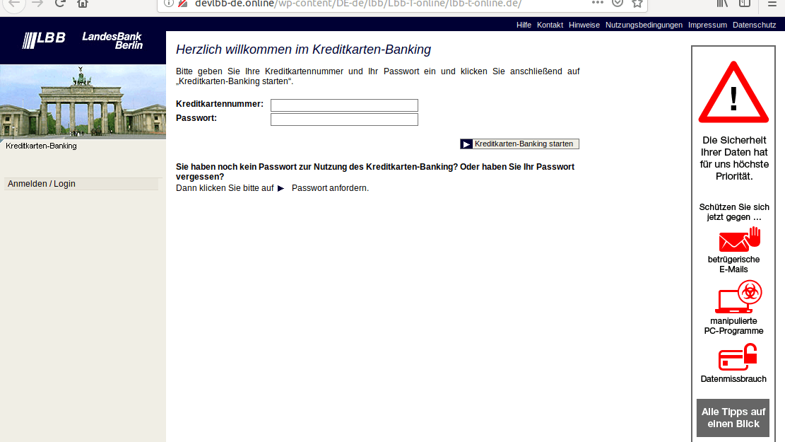 Wer auf den Link in der LBB-Mail klickt, kommt auf eine Seite, die der der LBB ähneln soll. Achten Sie unter anderem auf die Adresse in der Adressleiste.