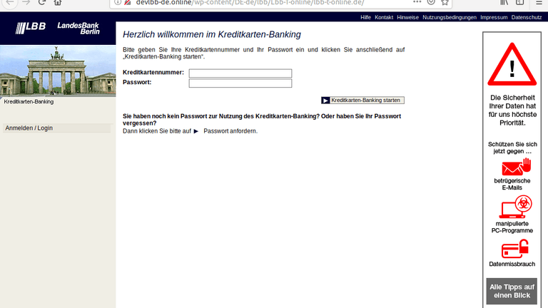 Wer auf den Link in der LBB-Mail klickt, kommt auf eine Seite, die der der LBB ähneln soll. Achten Sie unter anderem auf die Adresse in der Adressleiste.