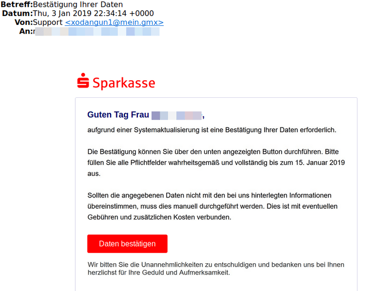 Auch im Namen der Sparkassen schicken Betrüger derzeit Phishing-Mails. Hier werden verschiedene Gründe genannte, um Empfänger in die Falle zu locken.