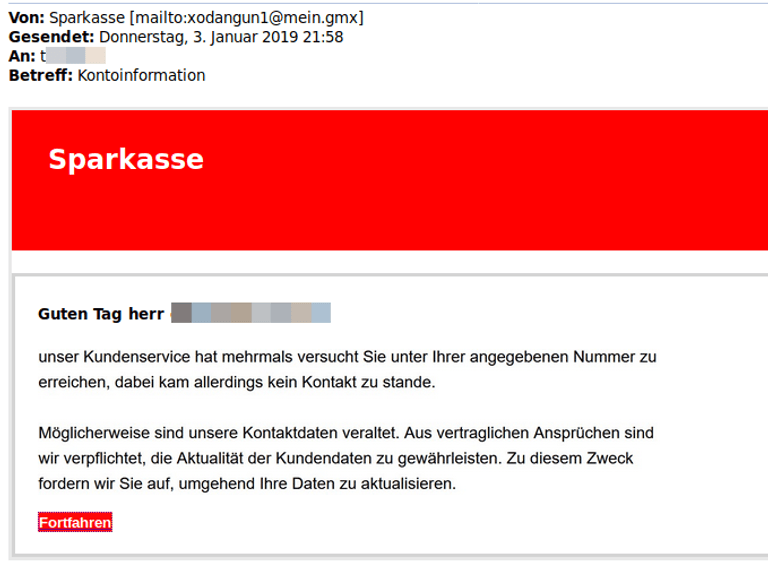 Auch im Namen der Sparkassen schicken Betrüger derzeit Phishing-Mails. Hier werden verschiedene Gründe genannte, um Empfänger in die Falle zu locken.
