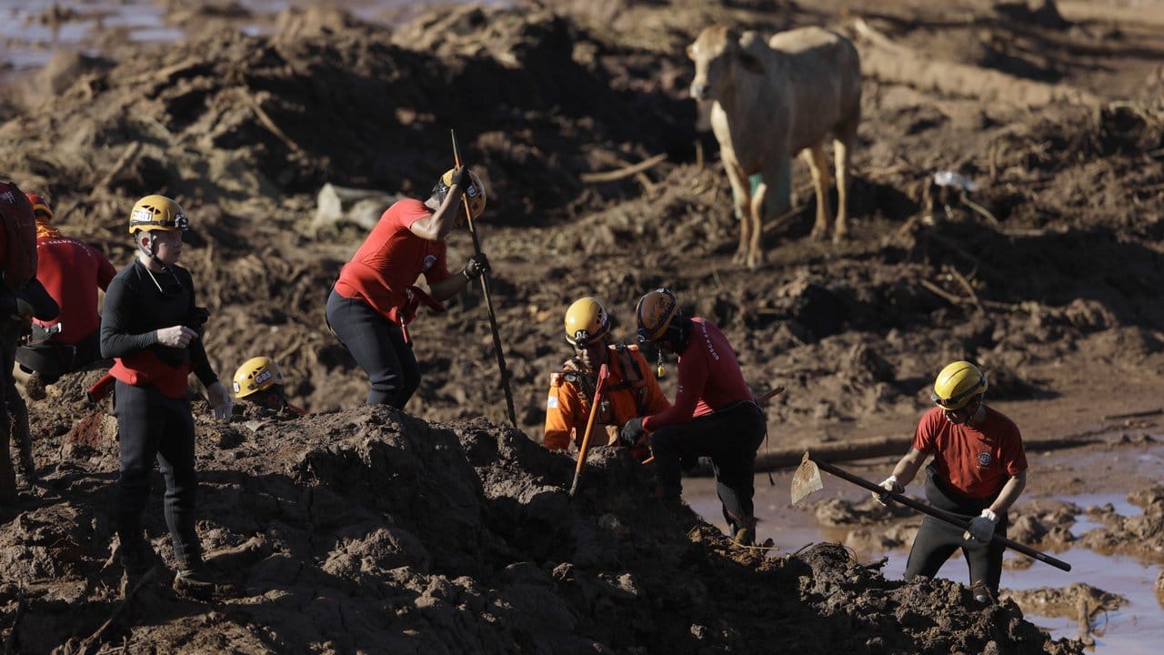 Feuerwehrleute suchen nach Opfern im Schlamm nach dem Dammbruch an der Mine in Brumadinho. Feuerwehrleute suchen nach Opfern im Schlamm nach dem Dammbruch an der Mine in Brumadinho.